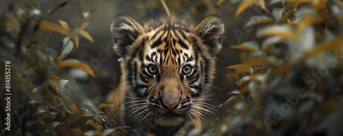 A tiger cub that emerges from the undergrowth  is in the forest and has aggressive and defiant eyes