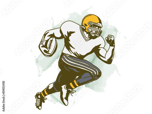 American football player running holding ball in hand. Celebrating and holding American football