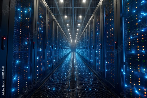 High-tech data center showcasing rows of active server racks with busy indicator lights