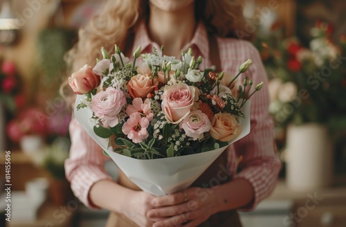 Smiling Woman Holding Bouquet of Flowers
