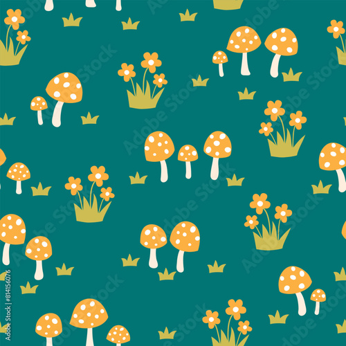 Cute mushroom seamless pattern. Spring background with mushrooms and flowers. Vector illustration. It can be used for wallpapers, wrapping, cards, patterns for clothing and others. © Evalinda