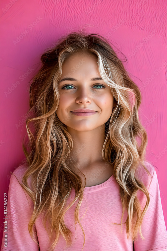 Woman with long blonde hair and pink shirt is smiling at the camera. Woman with long blonde hair and pink shirt is smiling at the camera.