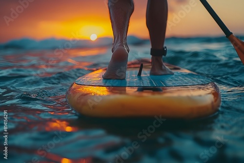 Shot of closeup of paddleboarders feet and paddle on board with ripples, Stand Up Paddle,  SUP photo