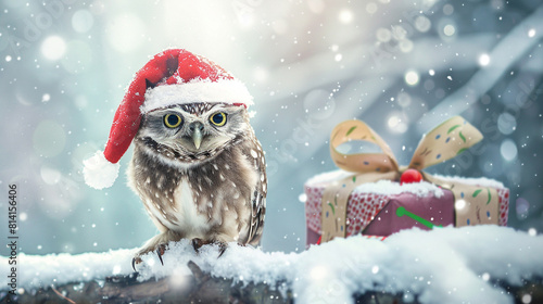 A lovable baby owl with a red Christmas cap perched on a snowy branch with presents nestled beside it
