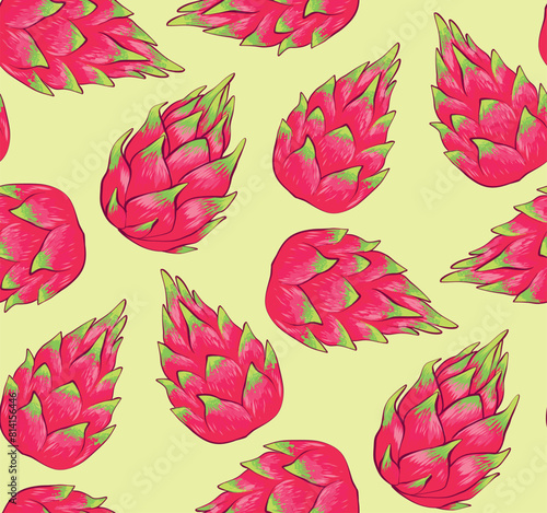 Seamless pattern with dragon fruits isolated on pink background. Vector Illustration of the exotic tropical pitayas.