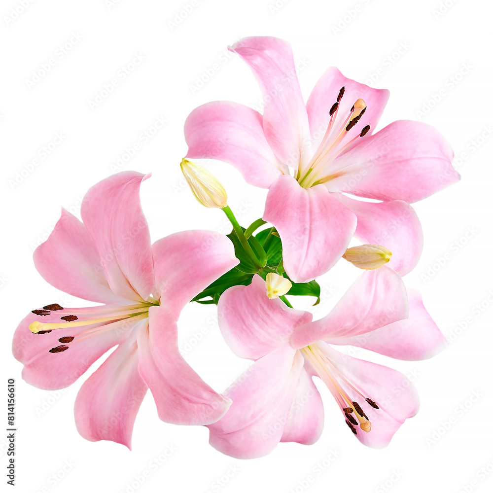 Pink lily flowers with green leaves isolated on white background Top view Close-up Pink lily flowers with green leaves isolated on white background Top view Close-up
