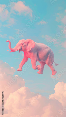 Flying Pink Elephant in Pastel Sky