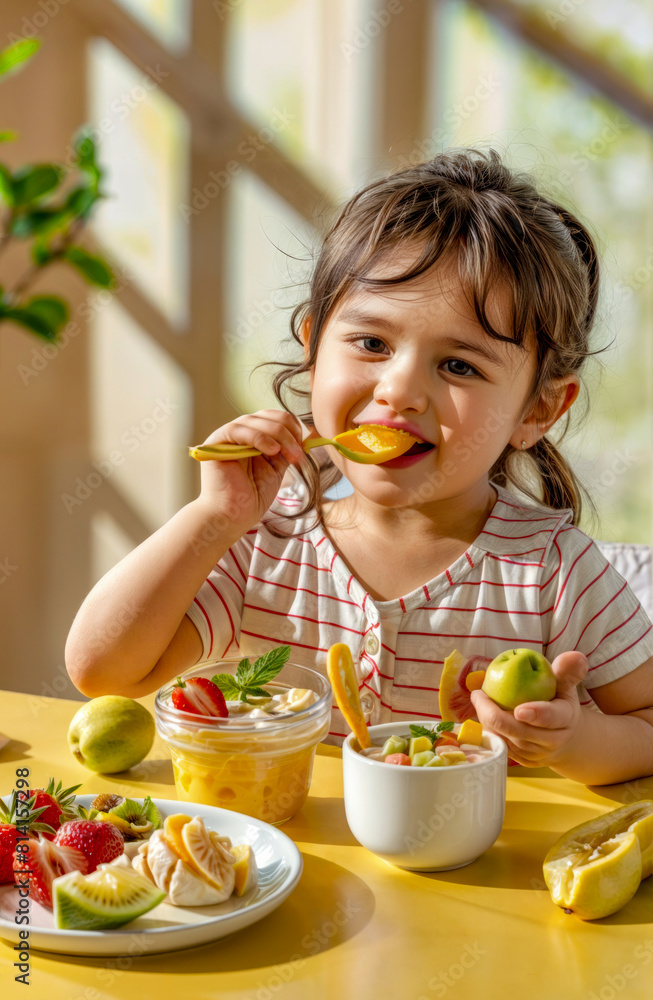 Little girl sitting at table with bowl of fruit and spoon in her mouth. Little girl sitting at table with bowl of fruit and spoon in her mouth.
