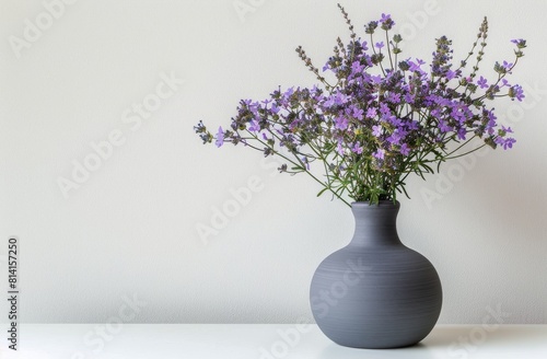 Gray Vase With Purple Flowers on Table