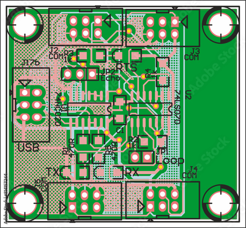 Vector printed circuit board of electronic 
device with components of radio elements, 
conductors and contact pads placed on pcb. 
Engineering technical drawing.