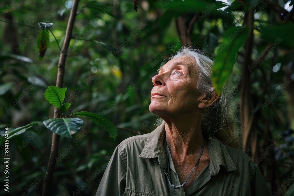 A woman is standing in a forest, looking up at the sky A woman is standing in a forest, looking up at the sky