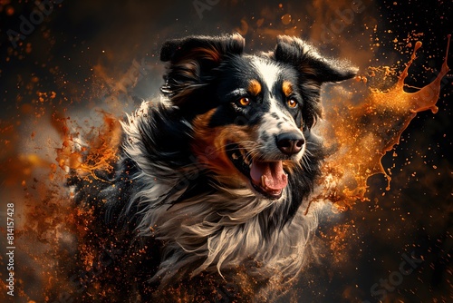 A australian shepherd in full roar, charging forward with a fierce expression. The image is captured in a dynamic colours. Splashes and splatters © GreenOptix