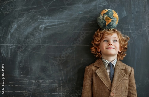 Young Boy in Suit With Globe on Head