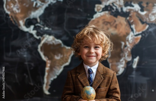 Young Boy in Suit and Tie Holding Globe