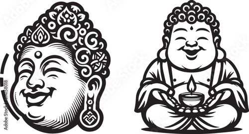 smoiley buddha logo design cartoon, black and white vector hand-drawn illustration in a bold graphic style, simple shape silhouette