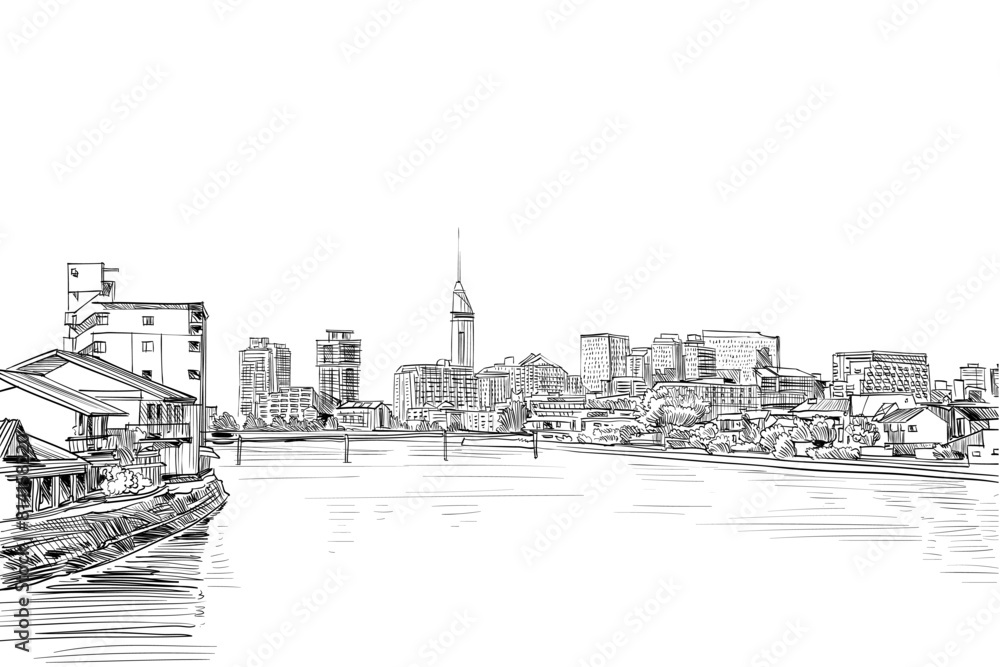 Fototapeta premium Fukuoka city sketch. Japan. Hand drawn vector art illustration.