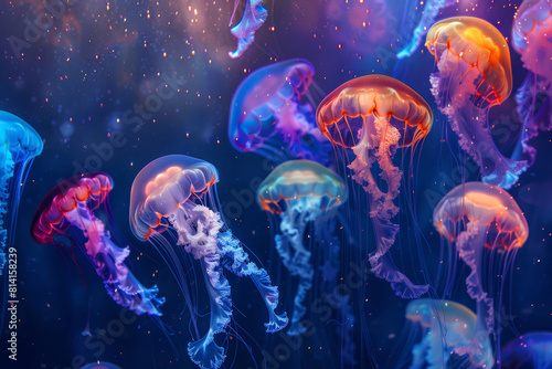 Vibrant Jellyfish Dance, Illuminating the Deep Blue