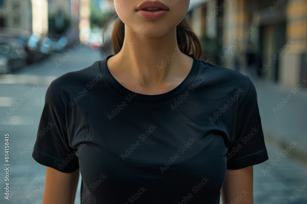 Athletic Woman Black T-Shirt Mockup in Urban Setting Athletic Woman Black T-Shirt Mockup in Urban Setting