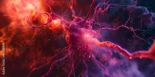 A closeup of an isolated neuron with red and purple color  firing action in the lush background of the brain  glowing light effects on its structures