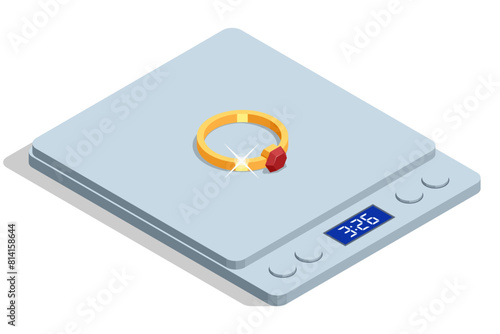 Isometric gold ring on the scales on white background. Tools of jewellery. The gold shop uses a digital scale to weigh the ring. Cartoon jewellery shop showcase. Golden jewel shop