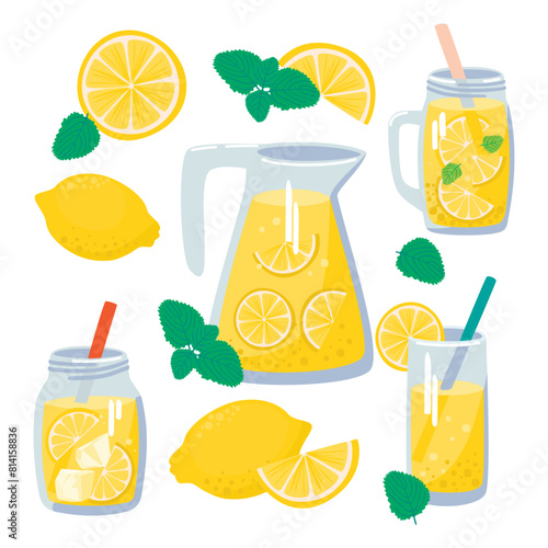Cartoon lemon,leaves mint and lemonade in a jug, glass and jars.Set with summer hand made drink and whole and pieces of fruit on white background.Vector design for use in card,banner template,poster.