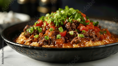 Traditional angolan cuisine: delicious beef stew with fresh tomatoes and green onions, served on a bed of steamed rice