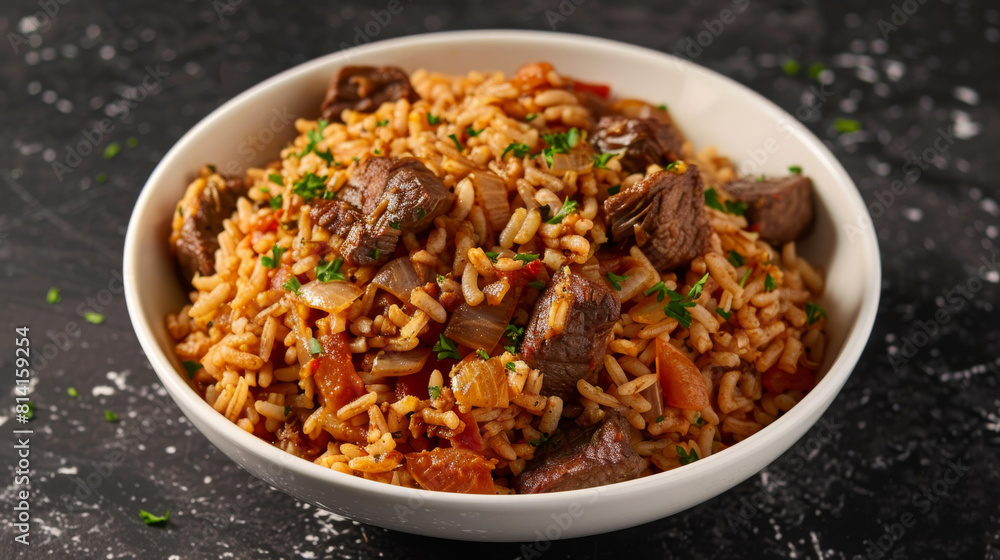 Savory angolan beef dish with seasoned rice and aromatic herbs, presented in a white bowl against a dark backdrop Savory angolan beef dish with seasoned rice and aromatic herbs, presented in a white bowl against a dark backdrop