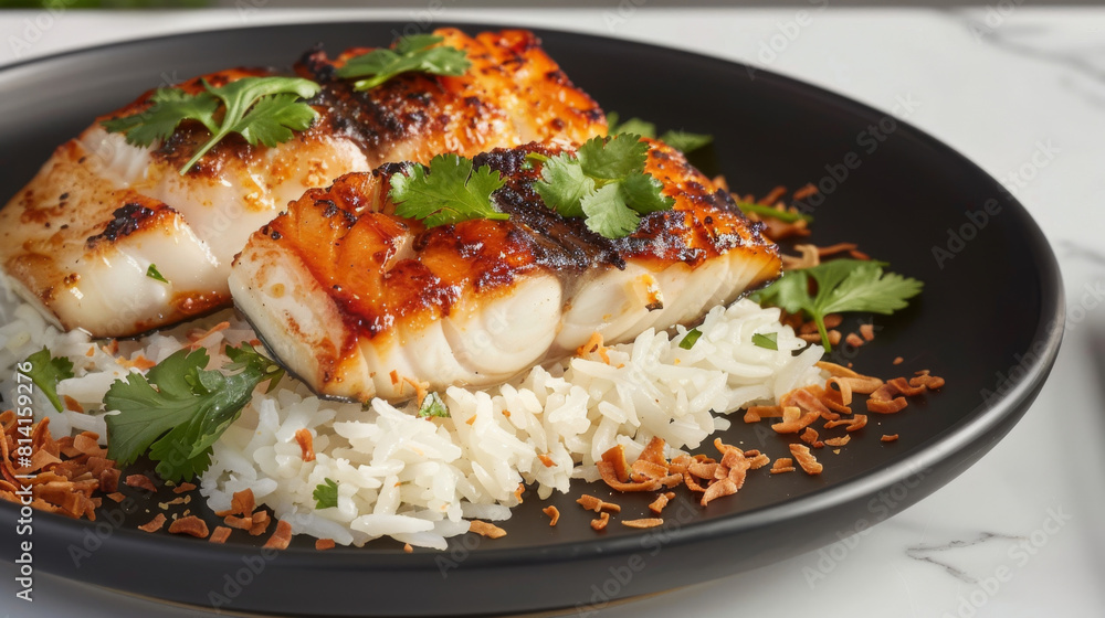 Traditional angolan grilled codfish with white rice and garnishes on a black plate in close-up view Traditional angolan grilled codfish with white rice and garnishes on a black plate in close-up view