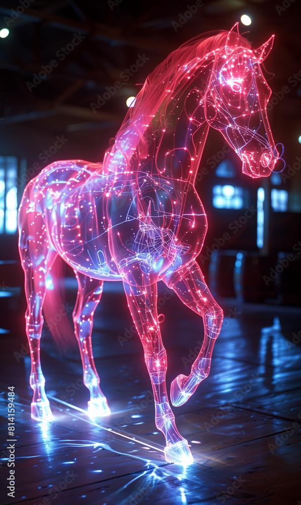 The neon horse is pink in color. A hologram of a horse. A horse made of ...
