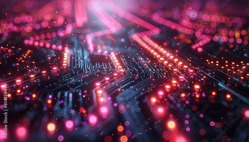 Circuit board backdrop with digital data streams flowing, symbolizing information processing, hightech graphic Circuit board backdrop with digital data streams flowing, symbolizing information processing, hightech graphic
