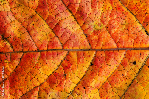 Leaf texture close up multicolor background. Vibrant red and yellow textured surface of leaves with veins. Autumn vibes printable paper backdrop.