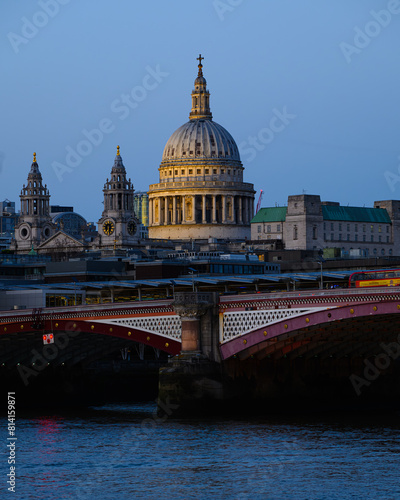 Dome of St Paul s Cathedral in evening above Blackfriars Bridge and River Thames