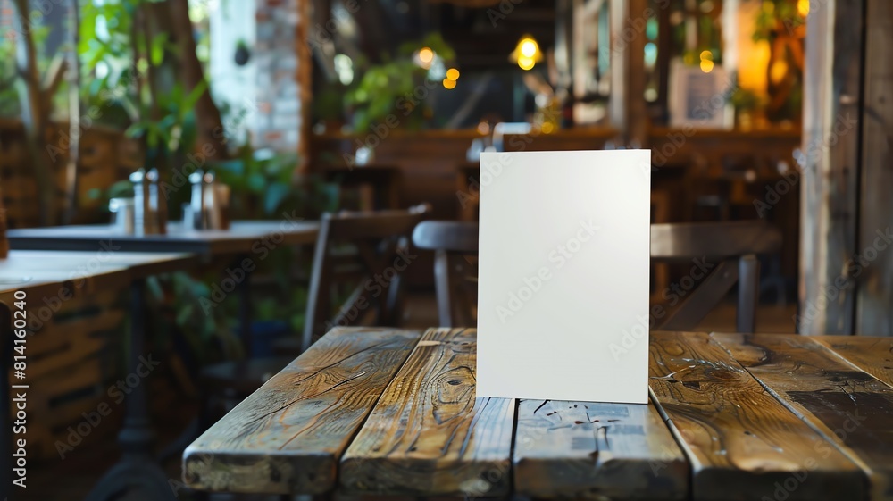 A mock up, white blank advertising/ menu board, on a rustic wood table in a restaurant, restaurant business concept A mock up, white blank advertising/ menu board, on a rustic wood table in a restaurant, restaurant business concept