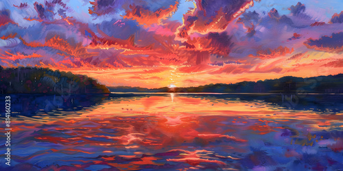 Colorful sunset over the sea. Digital painting. Oil painting. A very beautiful Image of the Sky meeting the Water. © kalsoom