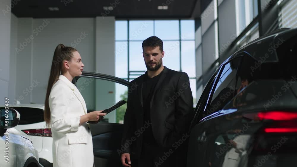 Competent car dealer using tablet for work with clients at showroom. Talking with manager while buying car at dealership center. Competent car dealer using tablet for work with clients at showroom. Talking with manager while buying car at dealership center.