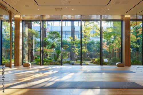 Modern glass facade offering a tranquil view of a lush urban garden