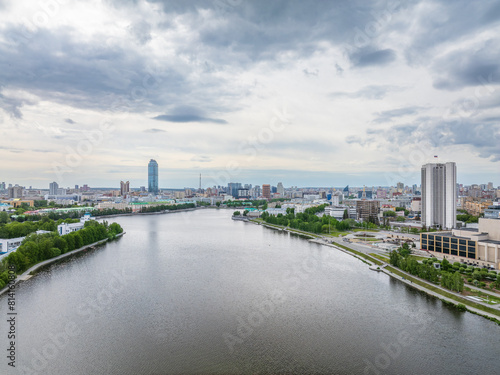 Embankment of the central pond and Plotinka. The historic center of the city of Yekaterinburg  Russia  Aerial View