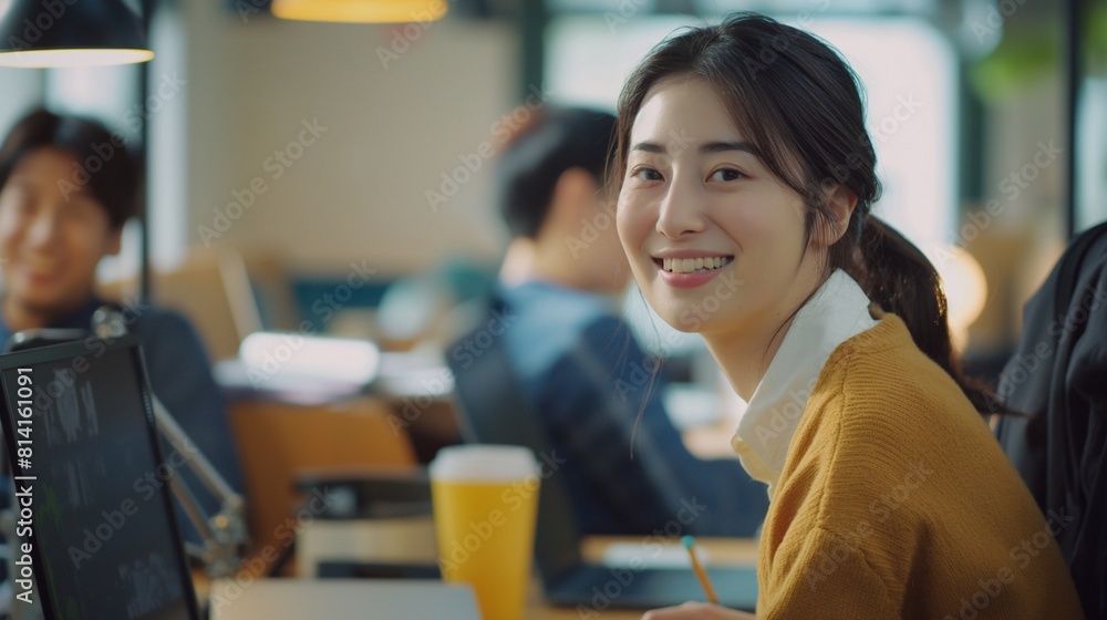 smiling Korean beautiful woman and man working in an office. generative AI