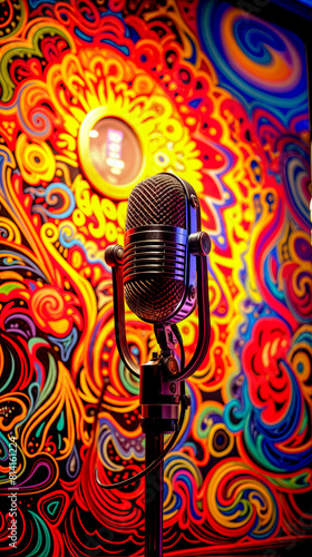 Microphone sitting in front of colorful wall with swirls on it.