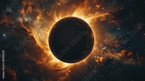 A black sun is surrounded by a bright orange cloud photo