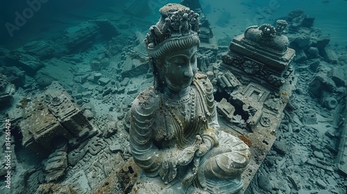 A statue of a woman is sitting on a pile of rubble in the ocean © Jūlija