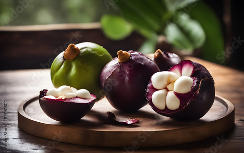 Mangosteen halved to reveal white flesh, dark rustic table, exotic theme photo