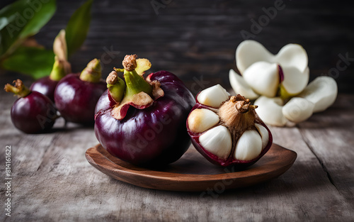 Mangosteen halved to reveal white flesh, dark rustic table, exotic theme photo