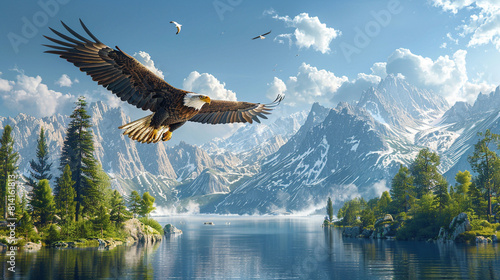 Bald eagles soaring high above the mountain lake photo