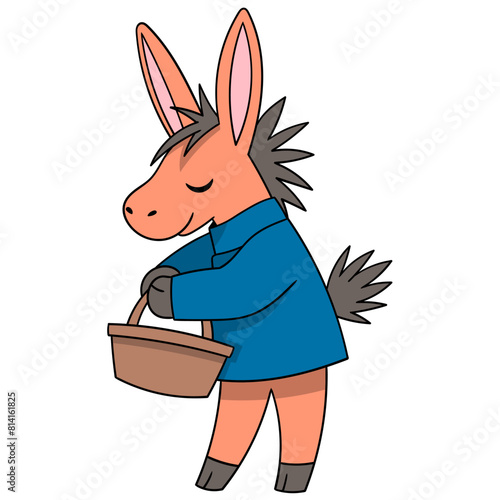 The donkey is standing walking carrying a shopping basket to pick vegetables in the garden © Popular Vector