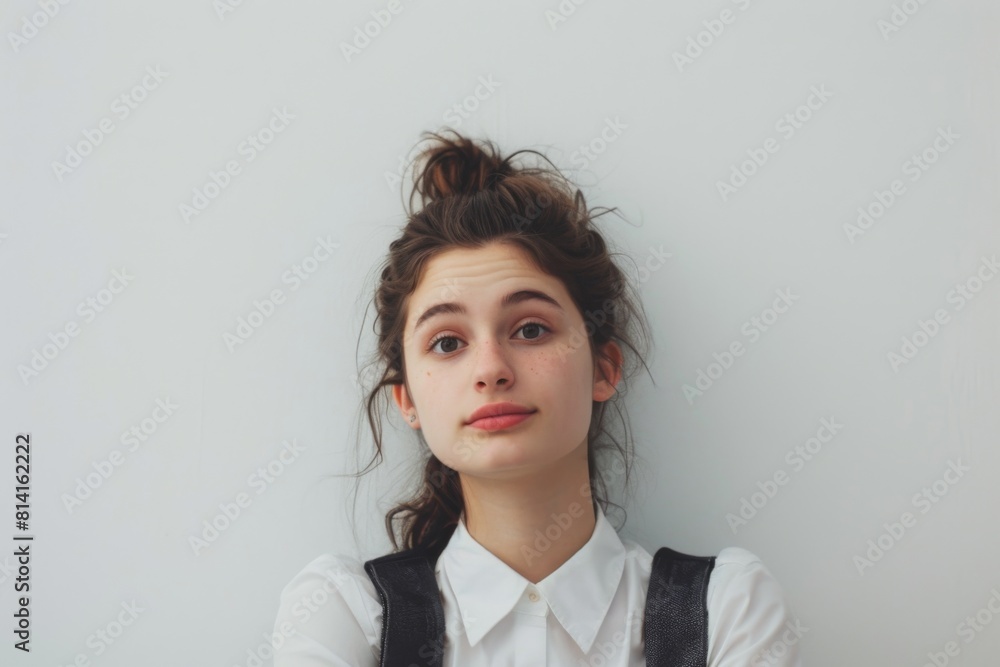 Teen girl with quirky hairstyle and surprised expression on white background Teen girl with quirky hairstyle and surprised expression on white background