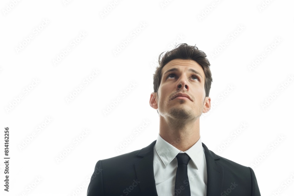 Young businessman looking up thoughtfully on a white background