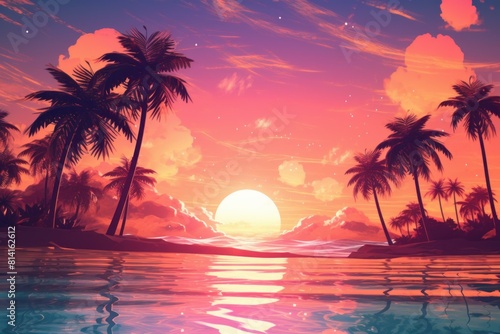Digital art of a serene and vibrant tropical sunset paradise landscape with palm trees. Ocean reflections. And a colorful sky over the water. Creating a tranquil and peaceful atmosphere