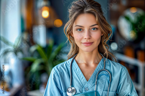 Woman with stethoscope in her hand and scrub in her other hand.