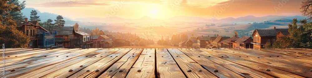 Naklejka premium Captivating Sunset View Over Wooden Planks Leading to Enchanting Village Houses